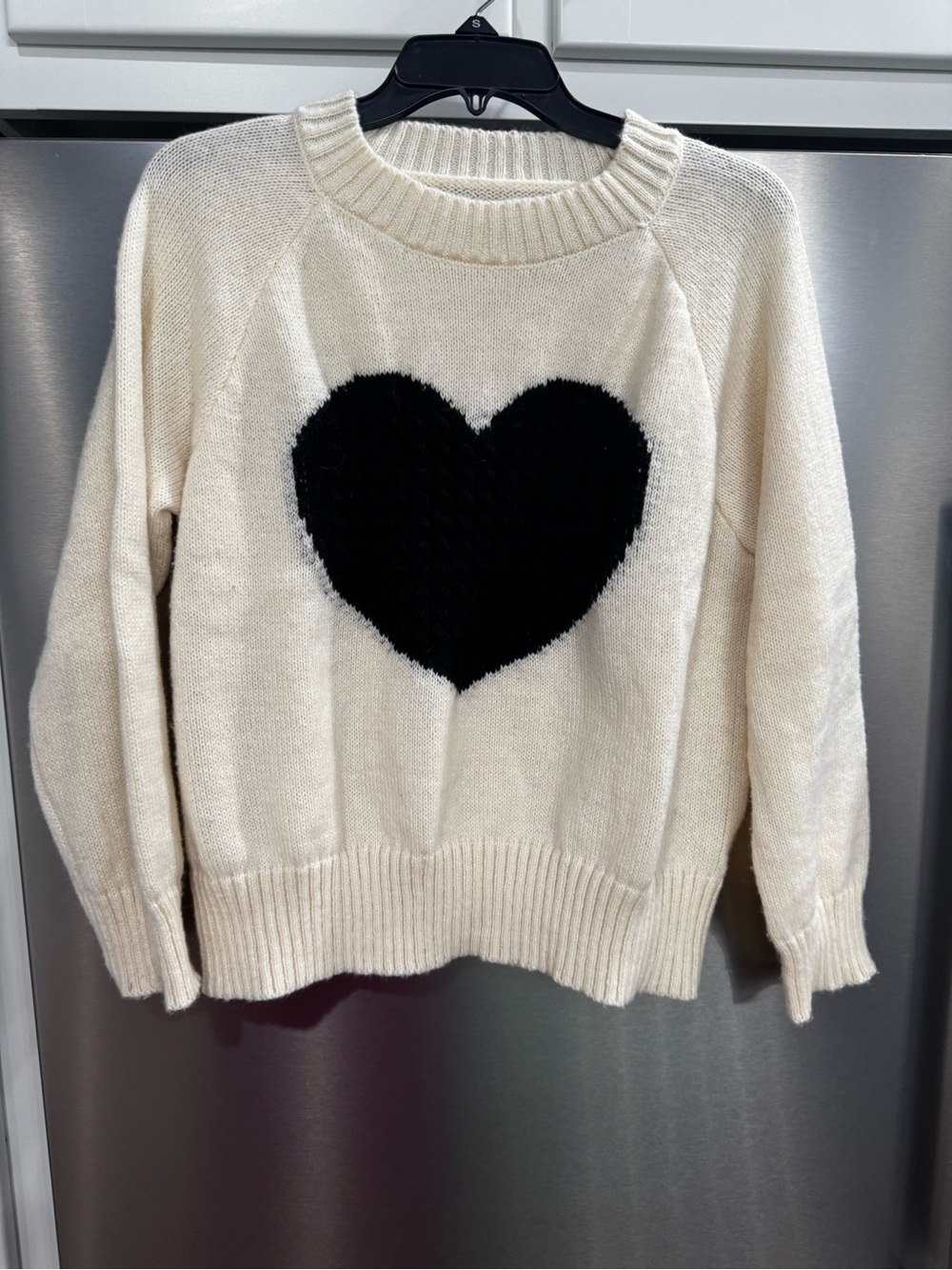 Cream Crewneck Sweater with Black Heart Motif
